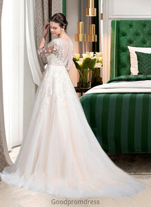 Andrea Ball-Gown/Princess V-neck Court Train Tulle Wedding Dress With Beading Appliques Lace Sequins Bow(s) HDOP0013809