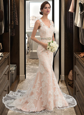 Shyanne Trumpet/Mermaid V-neck Chapel Train Tulle Lace Wedding Dress With Beading HDOP0013810