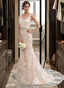 Shyanne Trumpet/Mermaid V-neck Chapel Train Tulle Lace Wedding Dress With Beading HDOP0013810