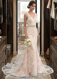 Shyanne Trumpet/Mermaid V-neck Chapel Train Tulle Lace Wedding Dress With Beading HDOP0013810