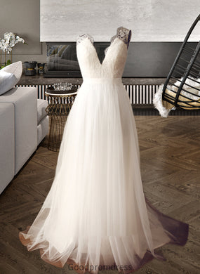 Eliana A-Line V-neck Sweep Train Tulle Wedding Dress HDOP0013812