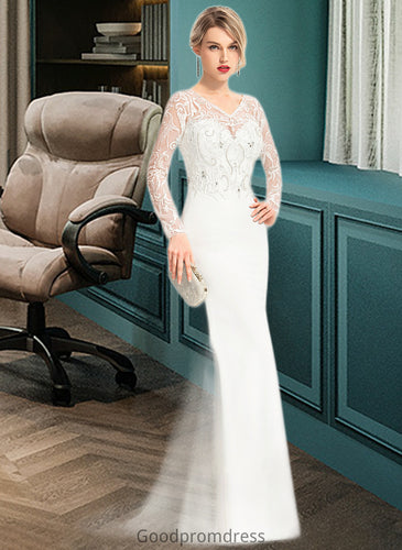 Kamryn Trumpet/Mermaid V-neck Sweep Train Stretch Crepe Wedding Dress With Beading Sequins HDOP0013816