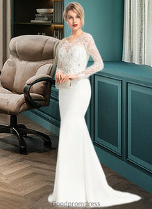 Kamryn Trumpet/Mermaid V-neck Sweep Train Stretch Crepe Wedding Dress With Beading Sequins HDOP0013816