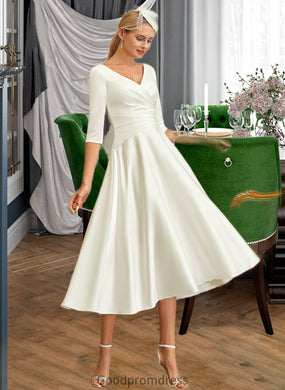 Terri A-Line V-neck Tea-Length Satin Wedding Dress HDOP0013817