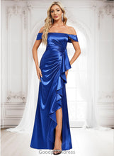 Load image into Gallery viewer, Mimi Trumpet/Mermaid Off the Shoulder Floor-Length Stretch Satin Bridesmaid Dress With Ruffle HDOP0025800