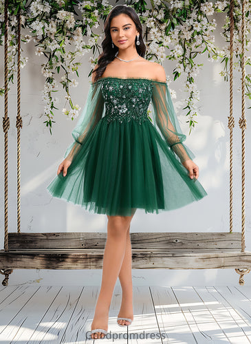 Hilda A-line Off the Shoulder Short Tulle Homecoming Dress With Sequins Appliques Lace HDOP0025663