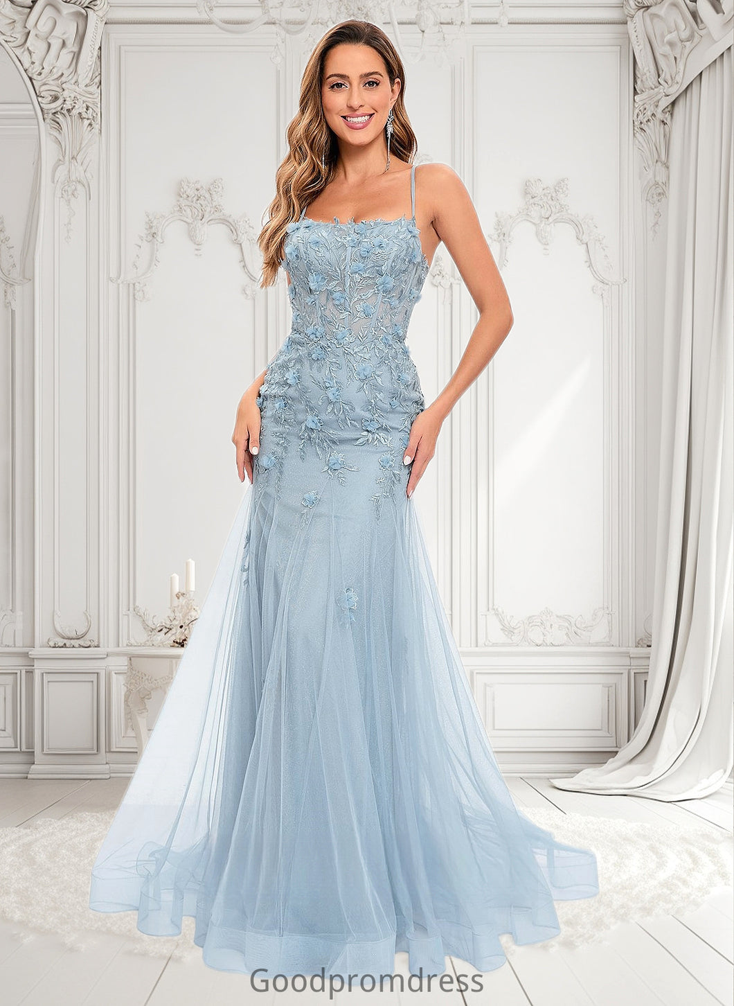 Lily Trumpet/Mermaid Straight Sweep Train Tulle Prom Dresses With Flower HDOP0025866