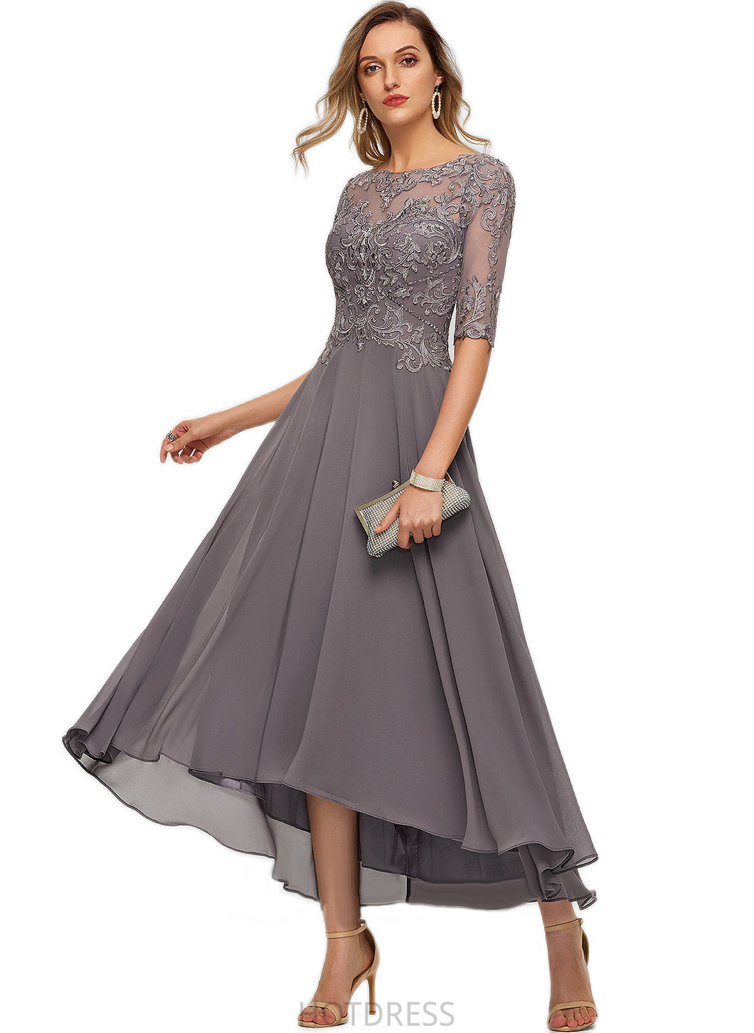 Crystal A-line Boat Neck Illusion Asymmetrical Chiffon Lace Evening Dress With Beading Sequins HDOP0020793