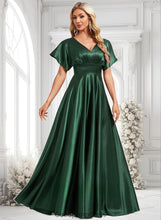 Load image into Gallery viewer, Maud A-line V-Neck Floor-Length Stretch Satin Bridesmaid Dress HDOP0025782