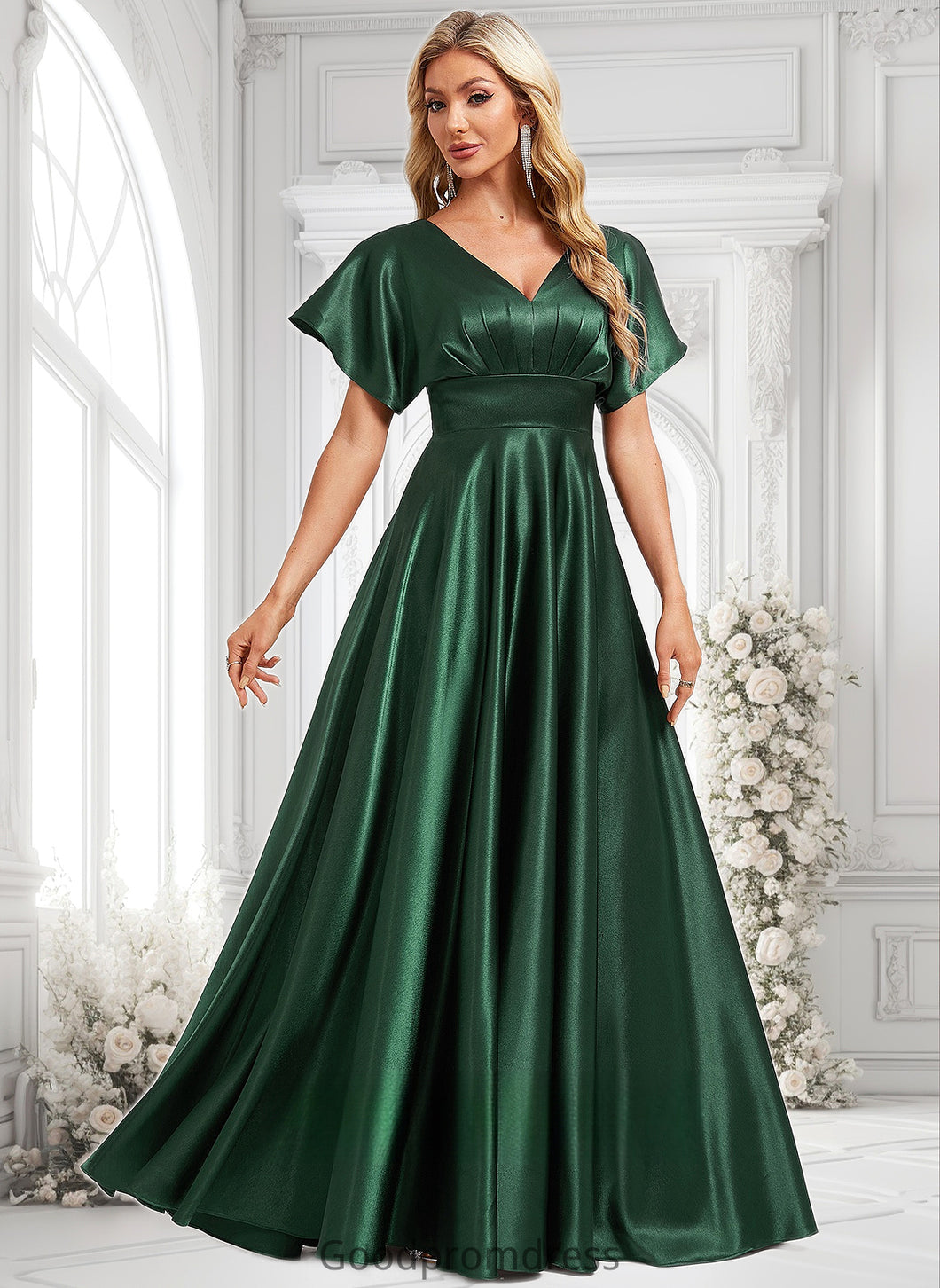 Maud A-line V-Neck Floor-Length Stretch Satin Bridesmaid Dress HDOP0025782