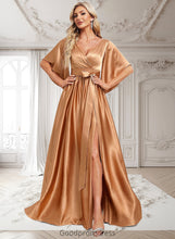 Load image into Gallery viewer, Caitlin A-line V-Neck Floor-Length Stretch Satin Bridesmaid Dress HDOP0025793