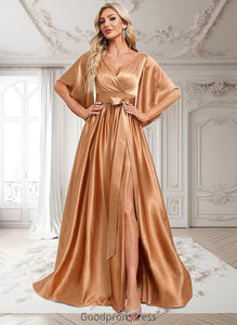 Caitlin A-line V-Neck Floor-Length Stretch Satin Bridesmaid Dress HDOP0025793