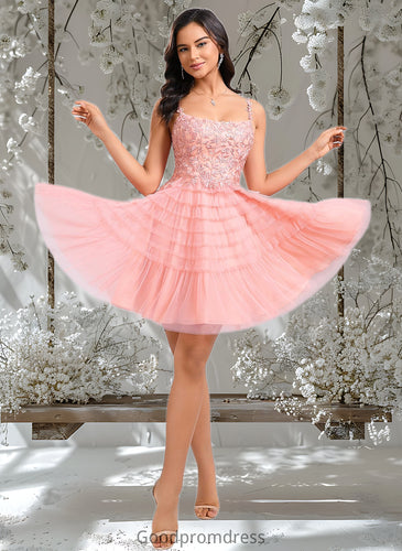 Raegan Ball-Gown/Princess Scoop Short Tulle Lace Homecoming Dress With Ruffle HDOP0025676