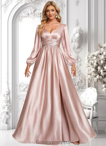 Erica A-line V-Neck Floor-Length Stretch Satin Prom Dresses HDOP0025880