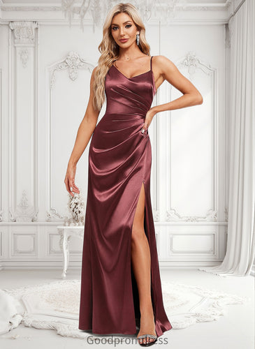 Natalie A-line Asymmetrical Floor-Length Stretch Satin Bridesmaid Dress HDOP0025828