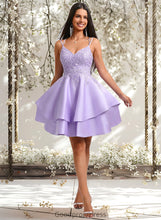 Load image into Gallery viewer, Geraldine A-line V-Neck Short Satin Homecoming Dress With Appliques Lace HDOP0025692