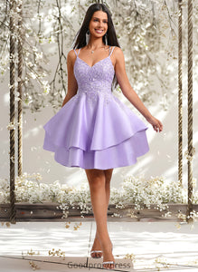 Geraldine A-line V-Neck Short Satin Homecoming Dress With Appliques Lace HDOP0025692