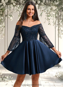 Sasha A-line Off the Shoulder Short Satin Homecoming Dress With Sequins HDOP0025651