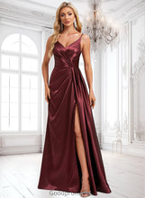 Load image into Gallery viewer, Xiomara A-line V-Neck Floor-Length Stretch Satin Bridesmaid Dress With Ruffle HDOP0025785