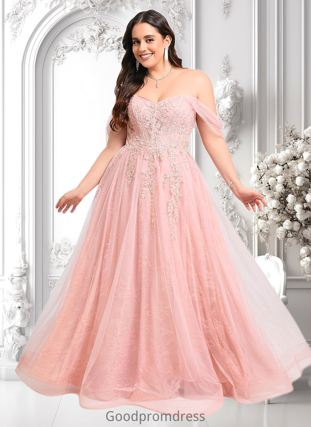 Vivienne A-line Sweetheart Off the Shoulder Floor-Length Tulle Floral Lace Prom Dresses With Appliques Lace HDOP0025870