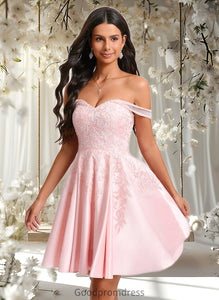 Marisol A-line Off the Shoulder Short Satin Homecoming Dress With Rhinestone Beading Appliques Lace HDOP0025679