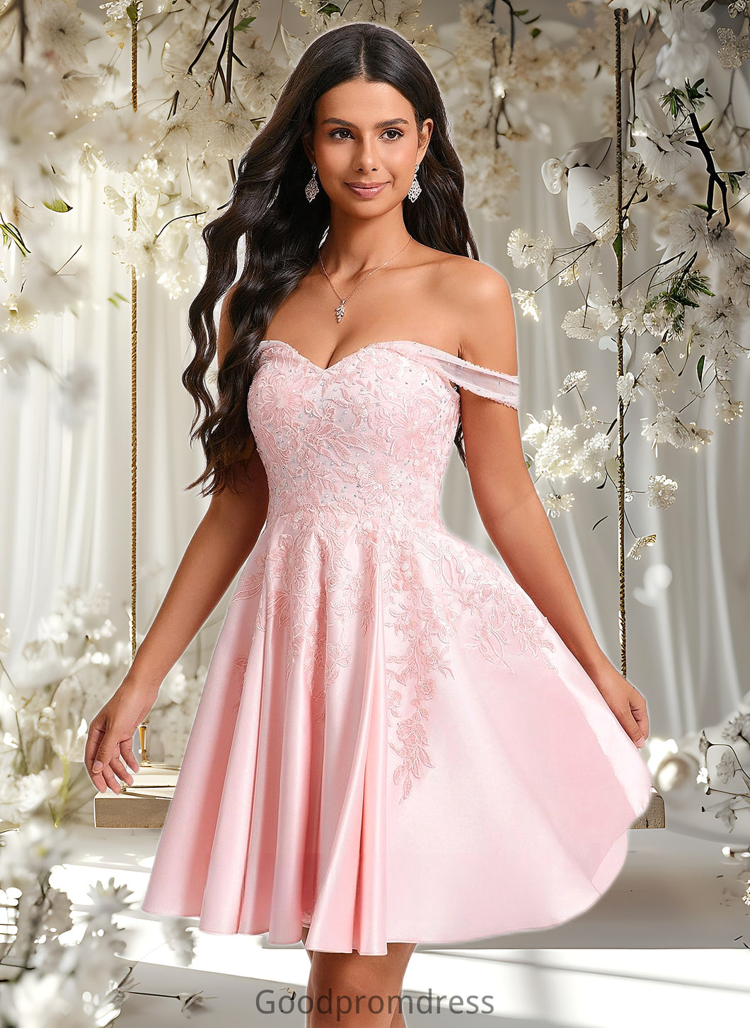 Marisol A-line Off the Shoulder Short Satin Homecoming Dress With Rhinestone Beading Appliques Lace HDOP0025679