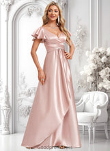 Load image into Gallery viewer, Aryanna A-line V-Neck Floor-Length Stretch Satin Bridesmaid Dress With Ruffle HDOP0025787