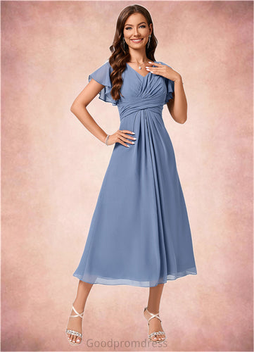 Janae A-line V-Neck Tea-Length Chiffon Cocktail Dress With Ruffle HDOP0022233