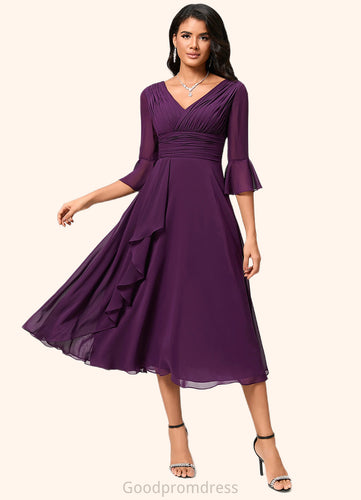 Jacqueline A-line V-Neck Tea-Length Chiffon Cocktail Dress With Ruffle HDOP0022236