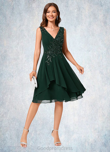 Macie A-line V-Neck Knee-Length Chiffon Lace Cocktail Dress With Appliques Lace Sequins HDOP0022237