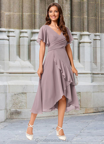 Karsyn A-line V-Neck Asymmetrical Chiffon Cocktail Dress With Cascading Ruffles Ruffle HDOP0022238