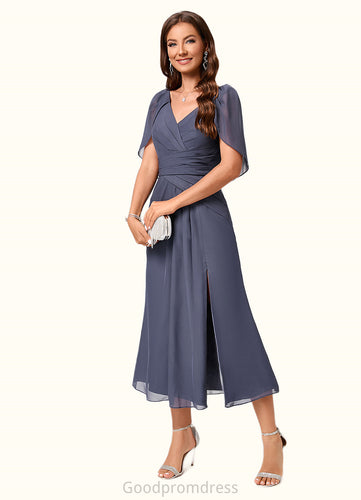 Adyson A-line V-Neck Tea-Length Chiffon Cocktail Dress With Ruffle HDOP0022241