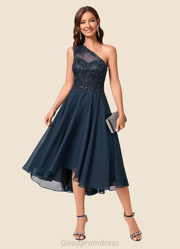 Aniyah A-line One Shoulder Asymmetrical Chiffon Lace Sequin Cocktail Dress With Sequins HDOP0022245