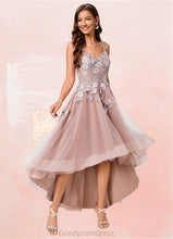 Load image into Gallery viewer, Caylee A-line Off the Shoulder Asymmetrical Lace Tulle Cocktail Dress With Flower HDOP0022258