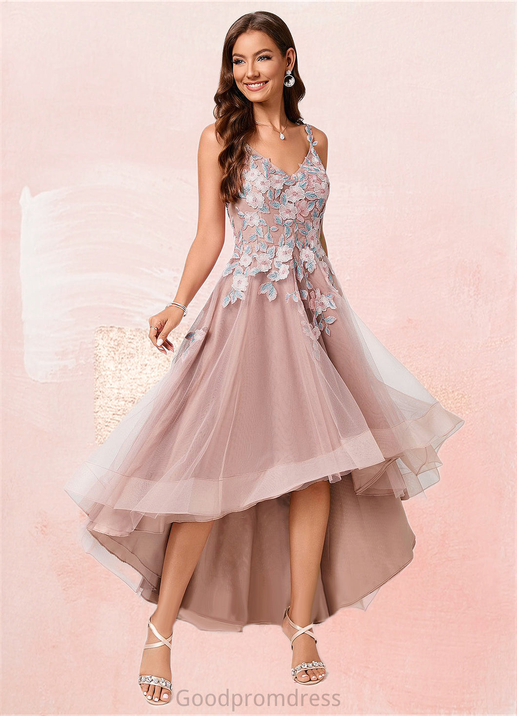 Caylee A-line Off the Shoulder Asymmetrical Lace Tulle Cocktail Dress With Flower HDOP0022258