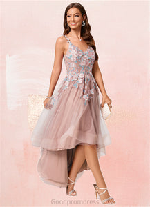 Caylee A-line Off the Shoulder Asymmetrical Lace Tulle Cocktail Dress With Flower HDOP0022258