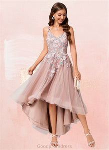 Caylee A-line Off the Shoulder Asymmetrical Lace Tulle Cocktail Dress With Flower HDOP0022258