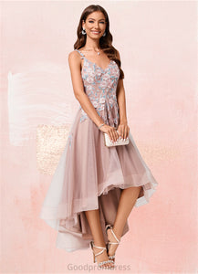 Caylee A-line Off the Shoulder Asymmetrical Lace Tulle Cocktail Dress With Flower HDOP0022258