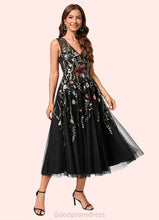 Load image into Gallery viewer, Shirley A-line V-Neck Tea-Length Lace Tulle Cocktail Dress With Appliques Lace HDOP0022260