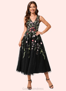 Shirley A-line V-Neck Tea-Length Lace Tulle Cocktail Dress With Appliques Lace HDOP0022260