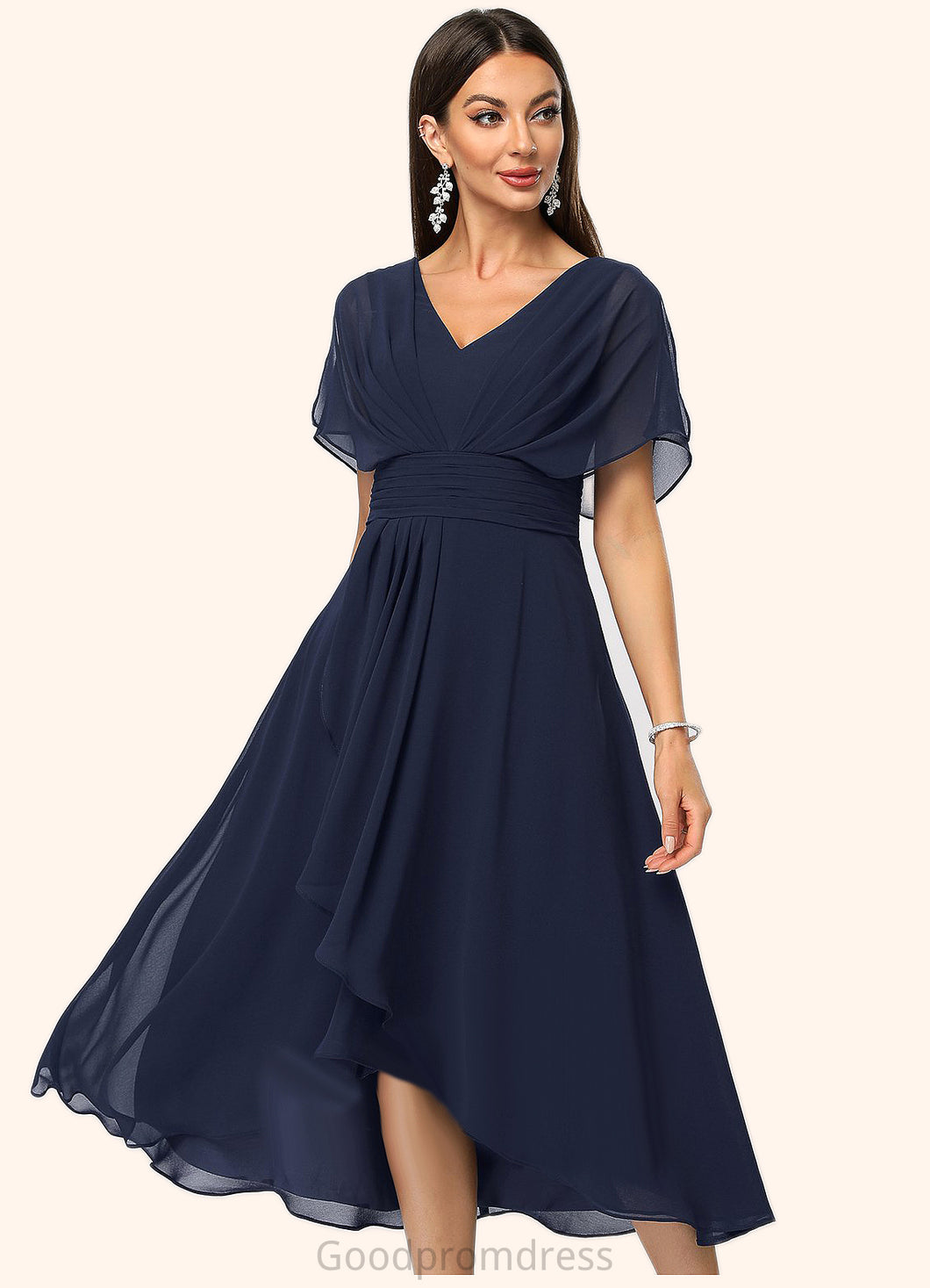 Adalyn A-line V-Neck Asymmetrical Chiffon Cocktail Dress With Cascading Ruffles HDOP0022263