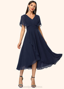 Adalyn A-line V-Neck Asymmetrical Chiffon Cocktail Dress With Cascading Ruffles HDOP0022263