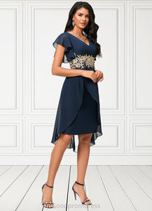 Jade Sheath/Column V-Neck Asymmetrical Chiffon Lace Cocktail Dress With Appliques Lace HDOP0022268