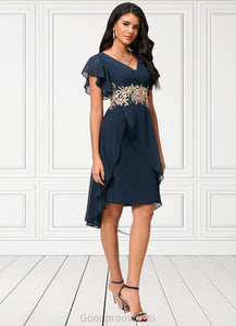 Jade Sheath/Column V-Neck Asymmetrical Chiffon Lace Cocktail Dress With Appliques Lace HDOP0022268