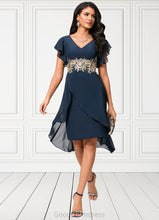 Load image into Gallery viewer, Jade Sheath/Column V-Neck Asymmetrical Chiffon Lace Cocktail Dress With Appliques Lace HDOP0022268