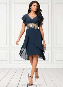 Jade Sheath/Column V-Neck Asymmetrical Chiffon Lace Cocktail Dress With Appliques Lace HDOP0022268