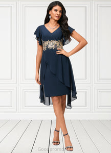 Jade Sheath/Column V-Neck Asymmetrical Chiffon Lace Cocktail Dress With Appliques Lace HDOP0022268