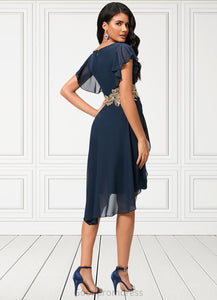 Jade Sheath/Column V-Neck Asymmetrical Chiffon Lace Cocktail Dress With Appliques Lace HDOP0022268