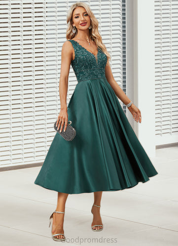 Jean A-line V-Neck Tea-Length Lace Satin Evening Dress With Sequins HDOP0022270