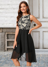 Load image into Gallery viewer, Dania A-line Scoop Asymmetrical Chiffon Jacquard Cocktail Dress With Flower HDOP0022273